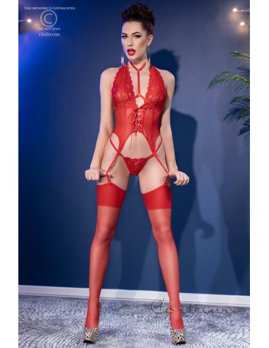 Guepiere set 3 pezzi con calze. Rosso L