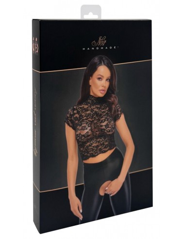Top corto in pizzo floreale con collo...