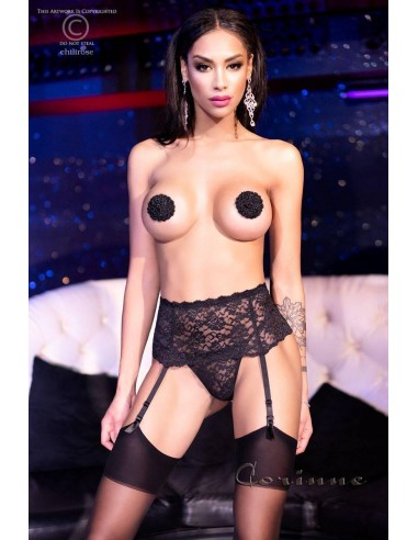 Reggicalze e tanga in pizzo floreale...